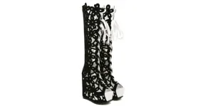 Black White Suede Knee Lace Up Hollow Out Florals Flowers Platforms Wedges Boots