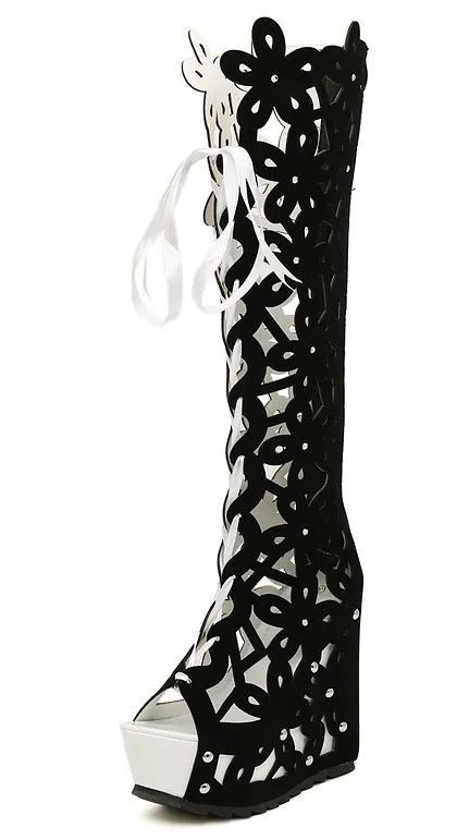 Black White Suede Knee Lace Up Hollow Out Florals Flowers Platforms Wedges Boots