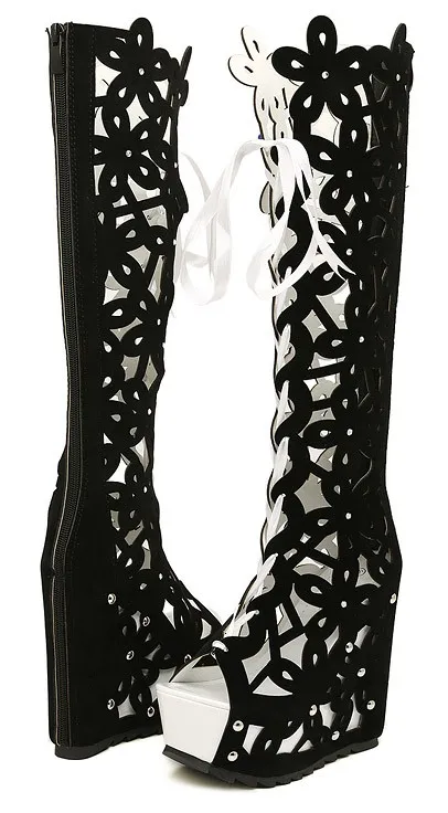 Black White Suede Knee Lace Up Hollow Out Florals Flowers Platforms Wedges Boots