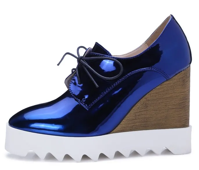 Blue Metallic Wedge Platforms with Lace-Up Detail