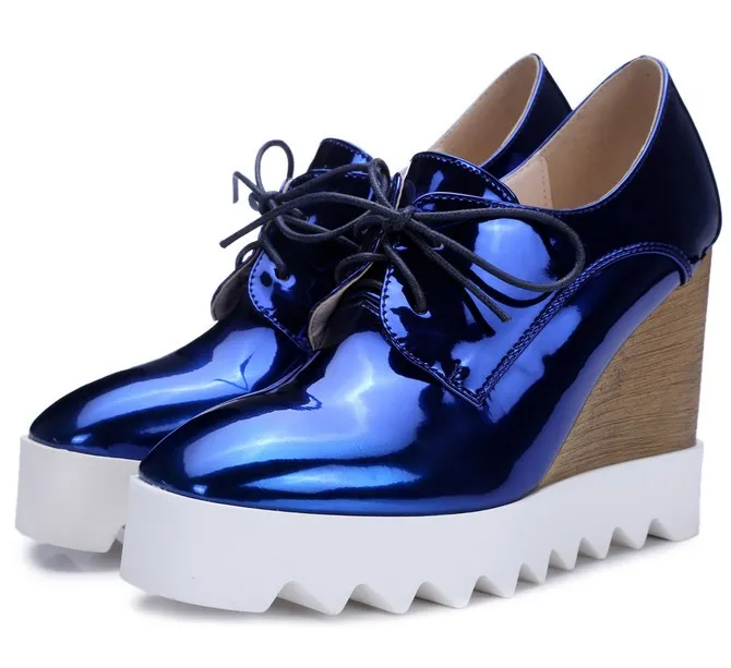 Blue Metallic Wedge Platforms with Lace-Up Detail