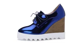 Blue Metallic Wedge Platforms with Lace-Up Detail