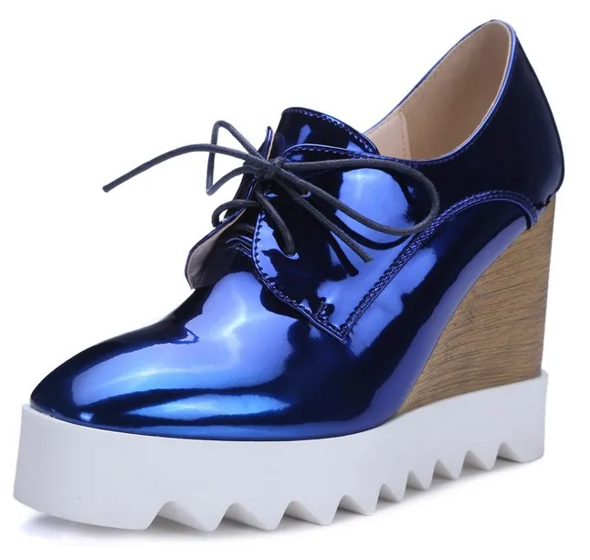 Blue Metallic Wedge Platforms with Lace-Up Detail