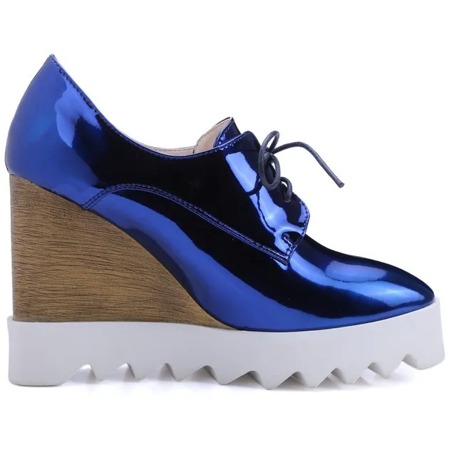 Blue Metallic Wedge Platforms with Lace-Up Detail