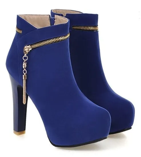 Blue Royal Suede High Heel Ankle Zipper Platforms