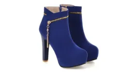 Blue Royal Suede High Heel Ankle Zipper Platforms