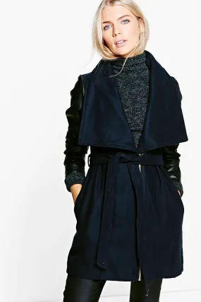 Brooke PU Sleeve Belted Wool Coat