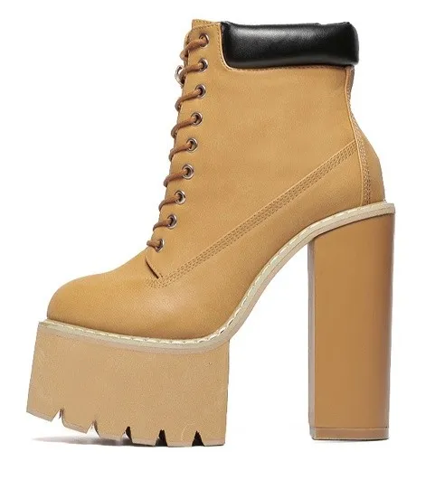 Brown Chunky Sole High Heels Boots