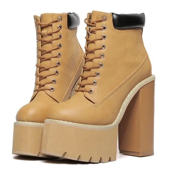 Brown Chunky Sole High Heels Boots