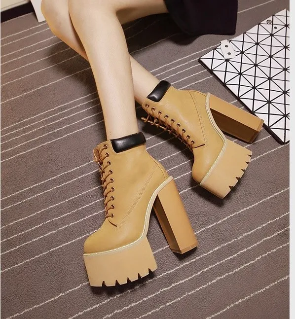 Brown Chunky Sole High Heels Boots