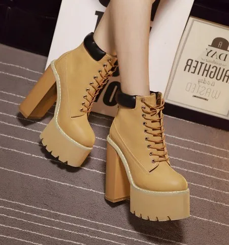 Brown Chunky Sole High Heels Boots