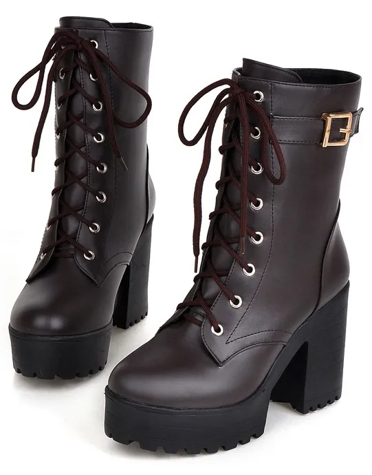 Brown Lace-Up High Top Platforms Heels Military Combat Boots