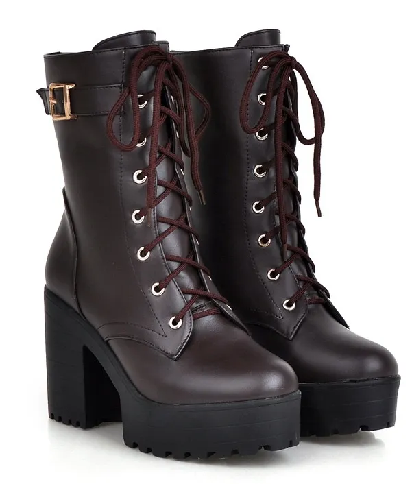 Brown Lace-Up High Top Platforms Heels Military Combat Boots