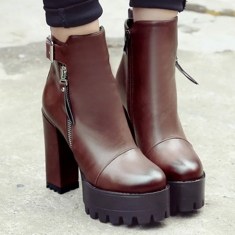 Brown Military High-Top Zipper Block Heel Leather Platforms Boots