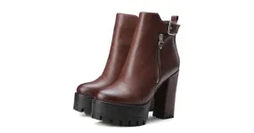 Brown Military High-Top Zipper Block Heel Leather Platforms Boots