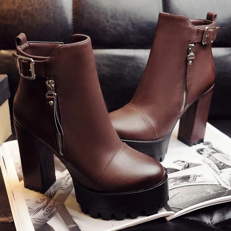 Brown Military High-Top Zipper Block Heel Leather Platforms Boots