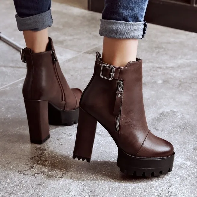 Brown Military High-Top Zipper Block Heel Leather Platforms Boots