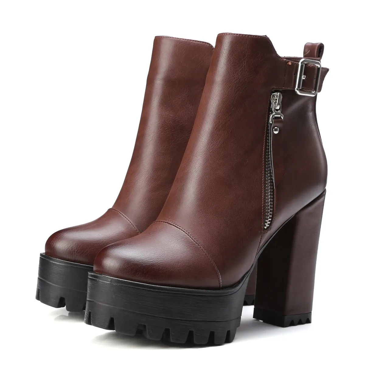 Brown Military High-Top Zipper Block Heel Leather Platforms Boots