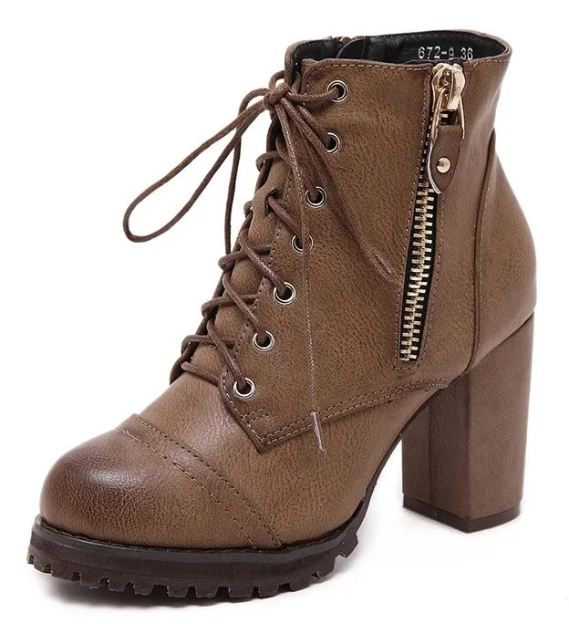 Brown Military Combat Lace-Up Zippers Ankle Platforms Boots