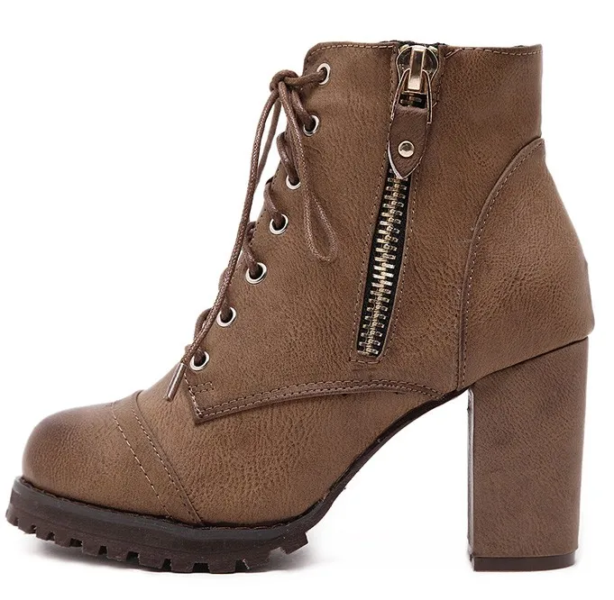 Brown Military Combat Lace-Up Zippers Ankle Platforms Boots