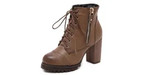 Brown Military Combat Lace-Up Zippers Ankle Platforms Boots