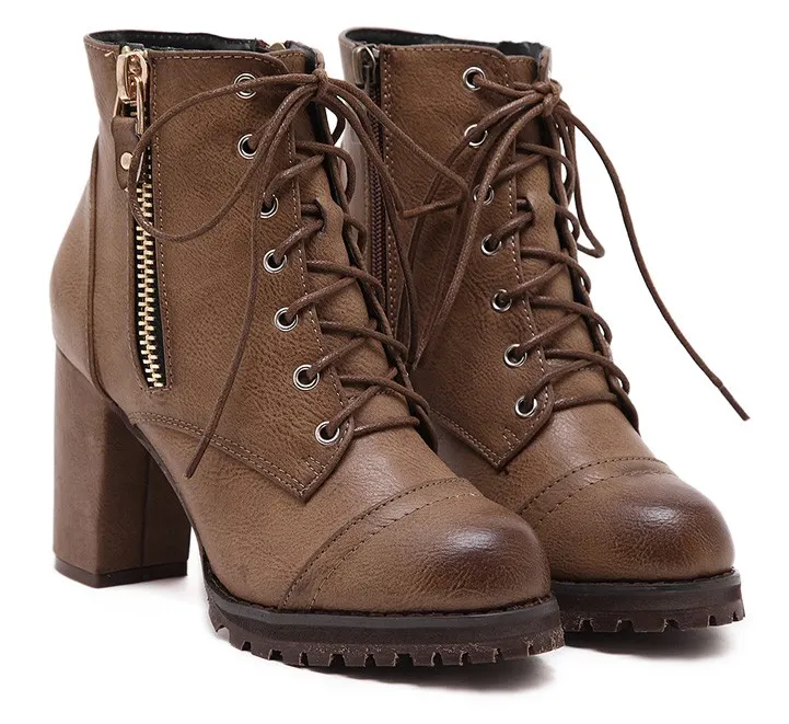 Brown Military Combat Lace-Up Zippers Ankle Platforms Boots