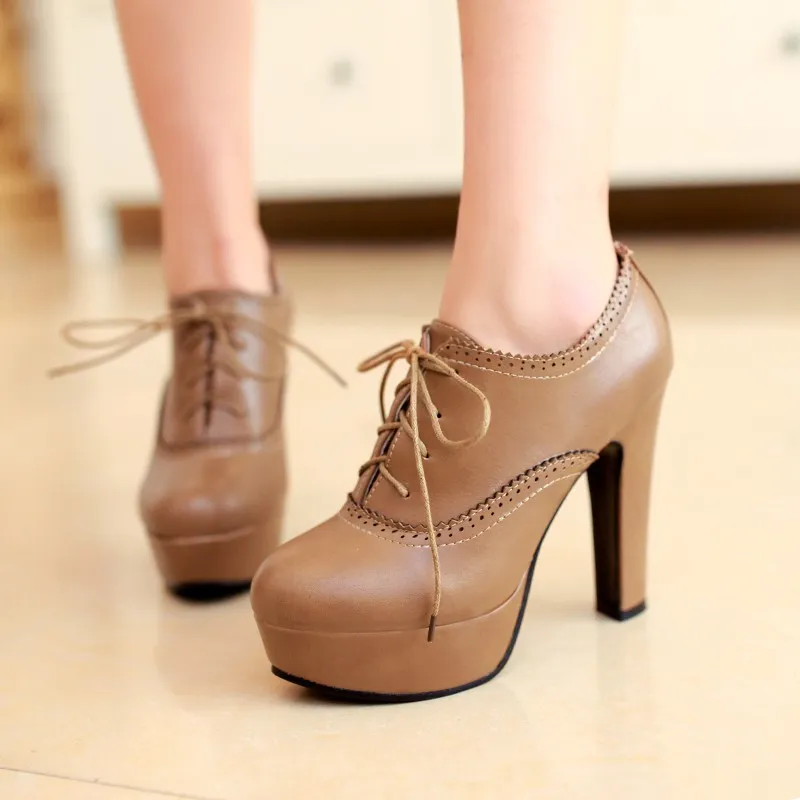 Vintage Brown Lace Up Platform High Heels Oxfords