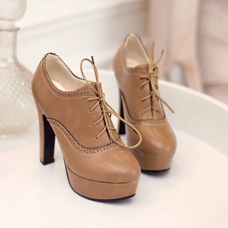 Vintage Brown Lace Up Platform High Heels Oxfords