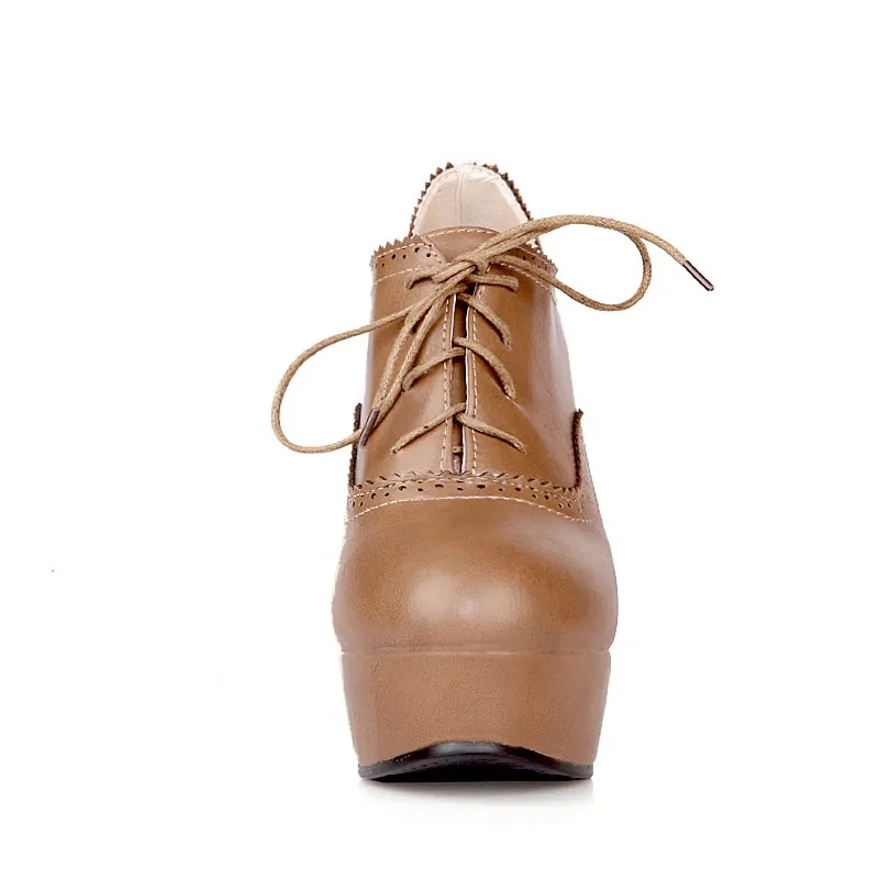 Vintage Brown Lace Up Platform High Heels Oxfords