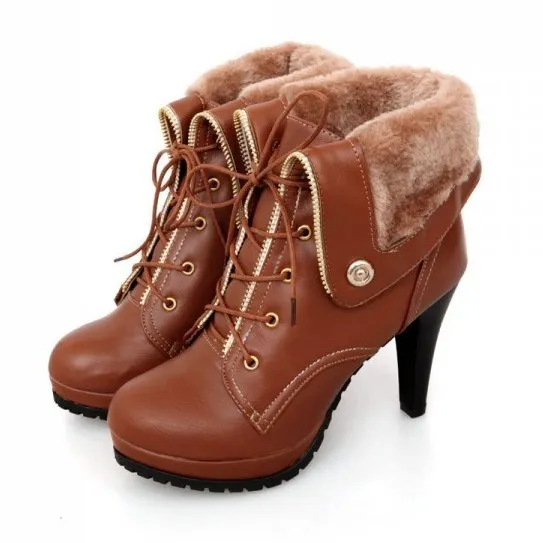 Woolen Flap Over Brown Lace Up High Heels Combat Boots