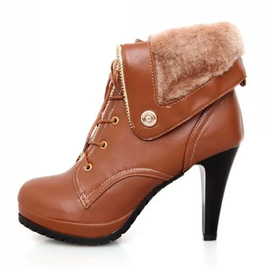 Woolen Flap Over Brown Lace Up High Heels Combat Boots