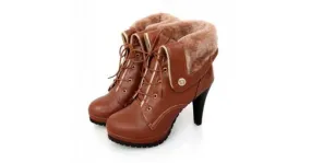 Woolen Flap Over Brown Lace Up High Heels Combat Boots