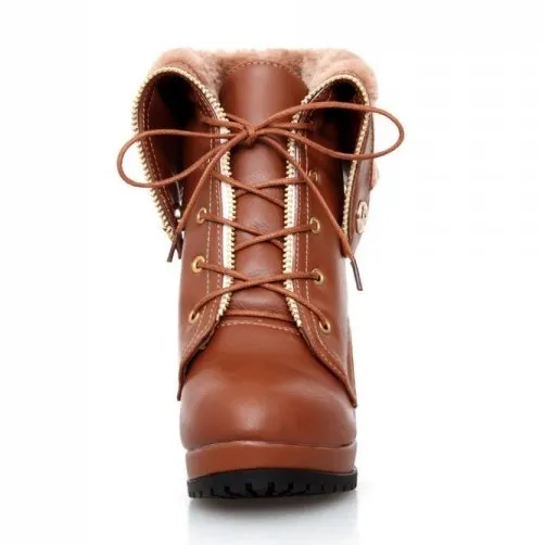 Woolen Flap Over Brown Lace Up High Heels Combat Boots