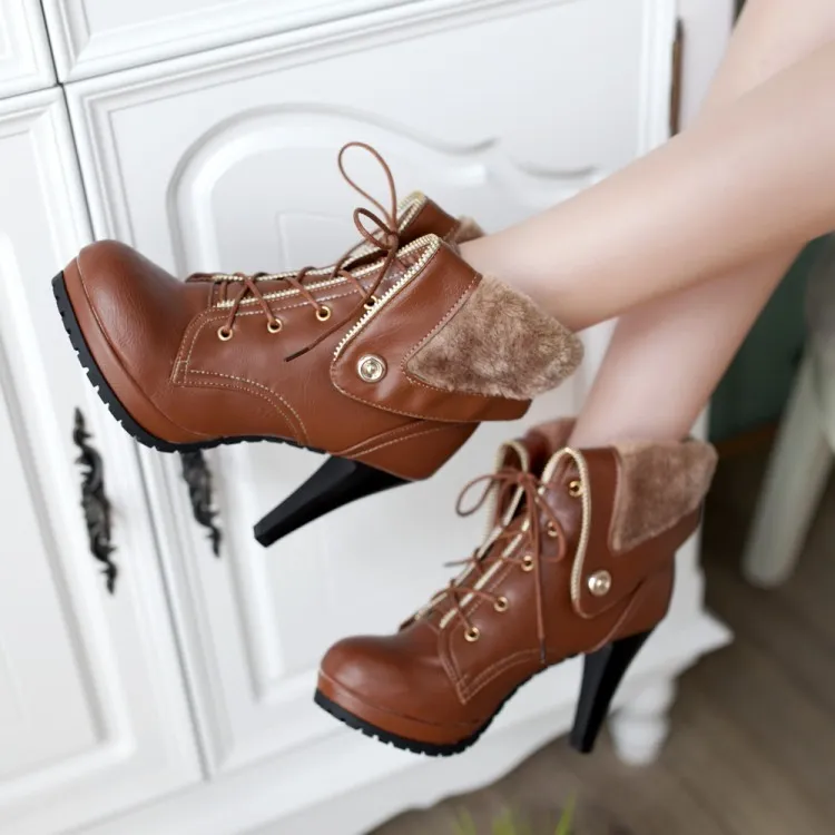 Woolen Flap Over Brown Lace Up High Heels Combat Boots