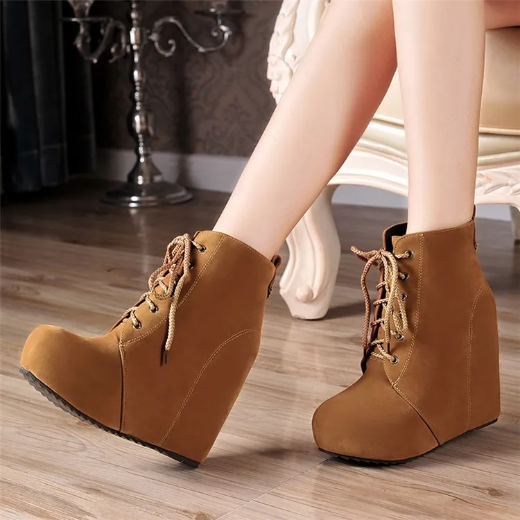 High Top Brown Suede Wedges Lace Up Platforms Boots