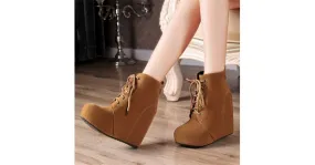 High Top Brown Suede Wedges Lace Up Platforms Boots