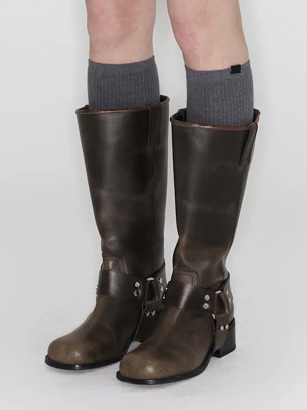 Buckle Detail Mid Calf Flat Biker Boots for Women