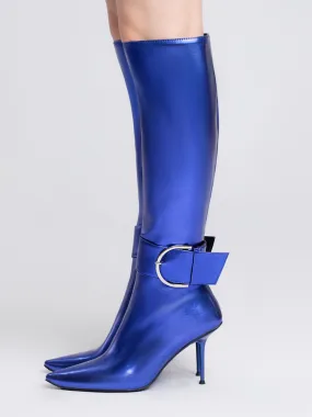 Buckle Stiletto Heel Pointed Toe Metallic Knee High Boots for Women