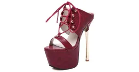 Burgundy Lace-Up Stiletto Sandals