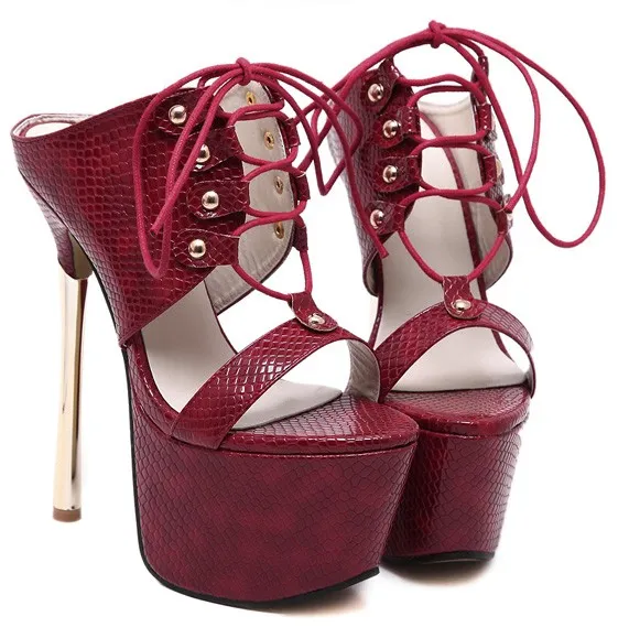 Burgundy Lace-Up Stiletto Sandals