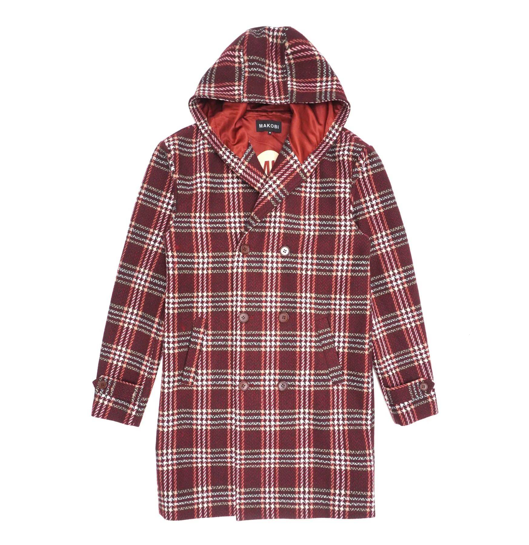 Burgundy Wool Hooded Coat with Plaid Design - M4044 Gilbert