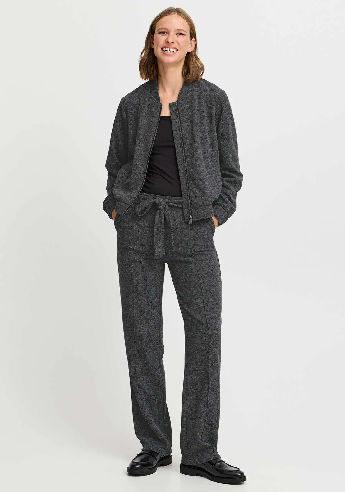 b.young Rowan Belted Slim Leg Trousers, Black Melange