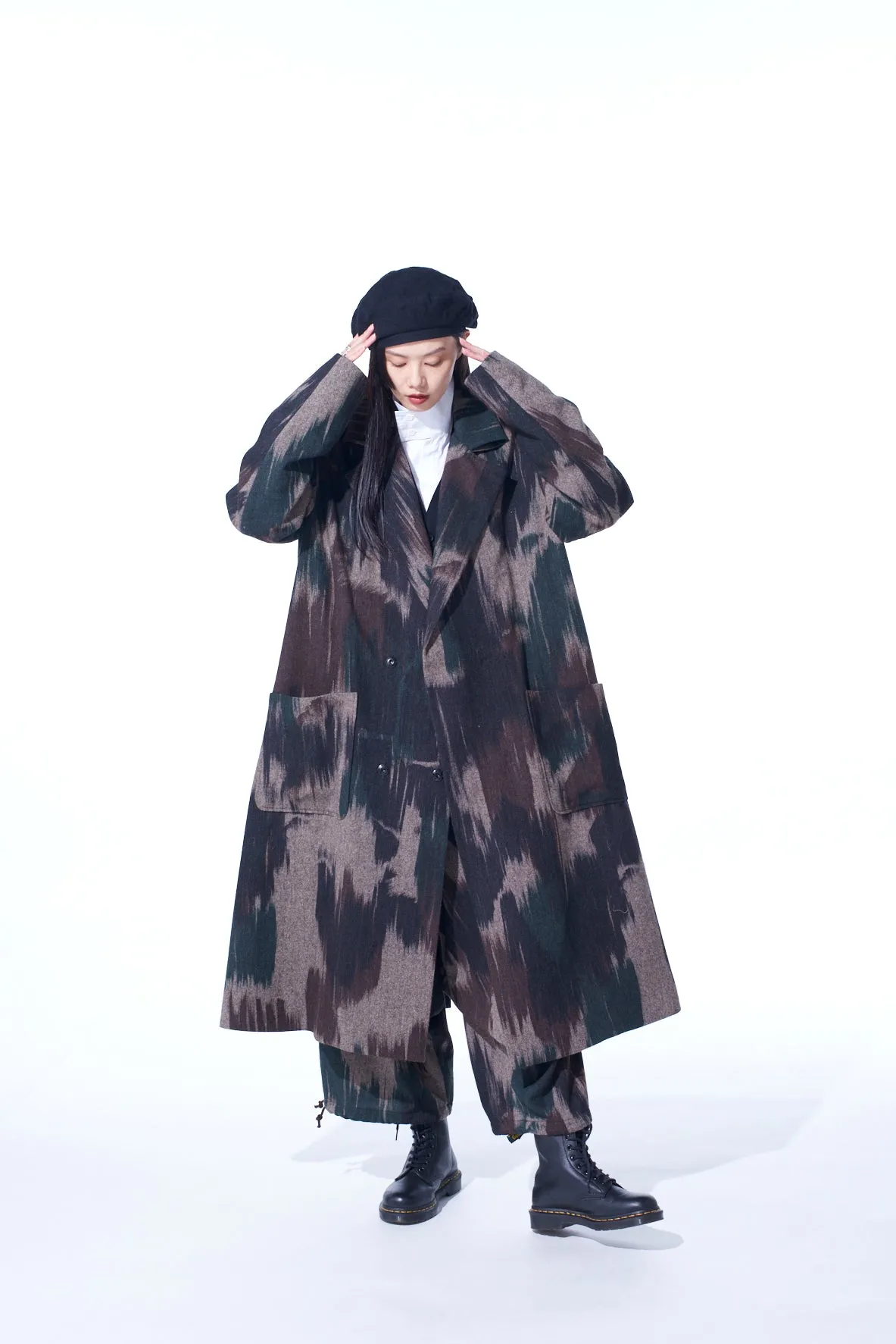 CAMOUFLAGE TWEED DOUBLE-BREASTED SNAP BUTTON LONG COAT