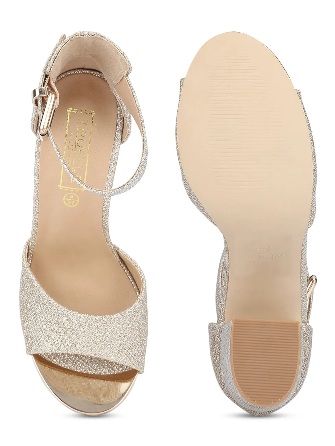 Champagne Shimmer Ankle Strap Block Heels