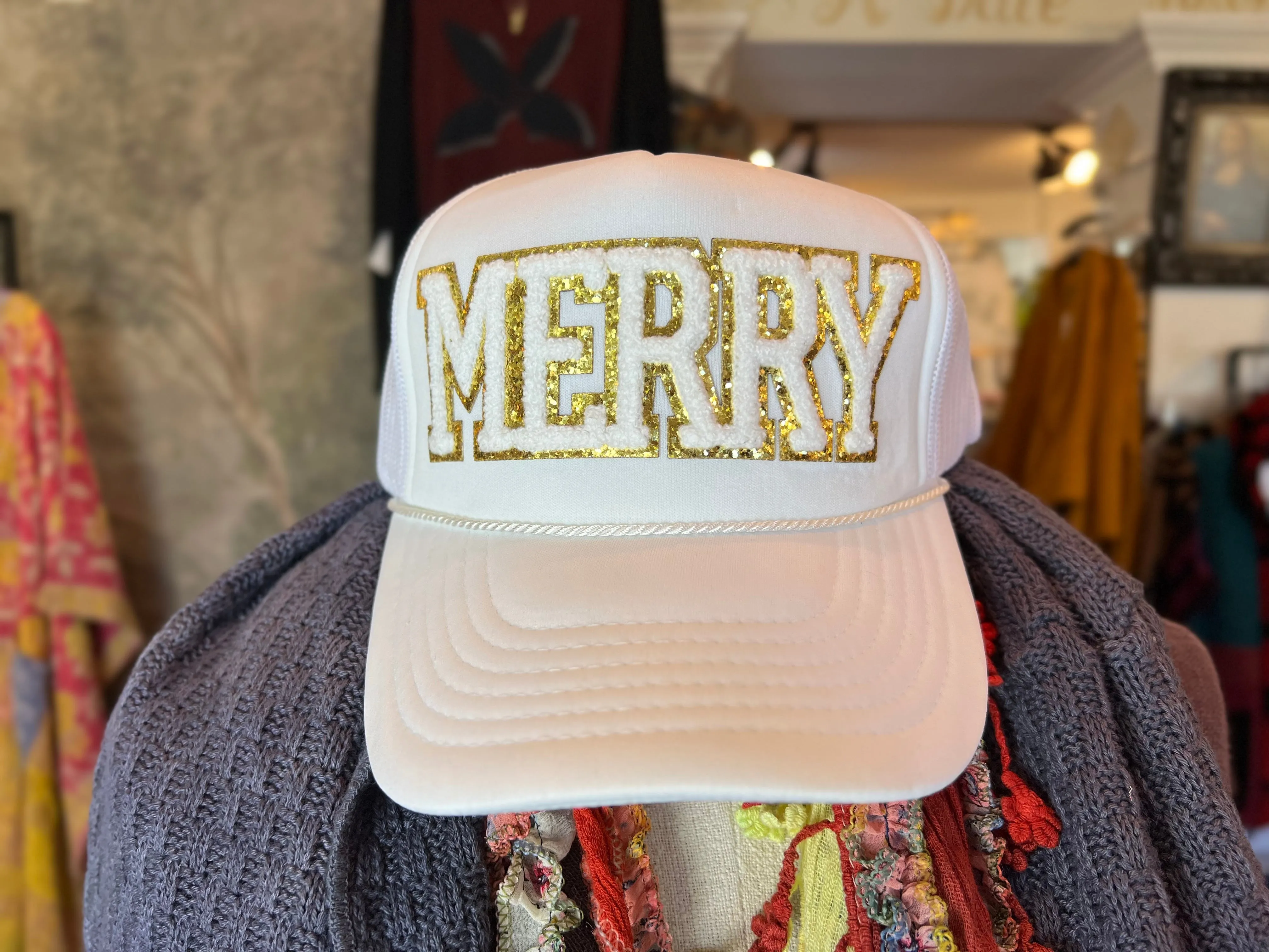 Chenille Merry Trucker Hat-White