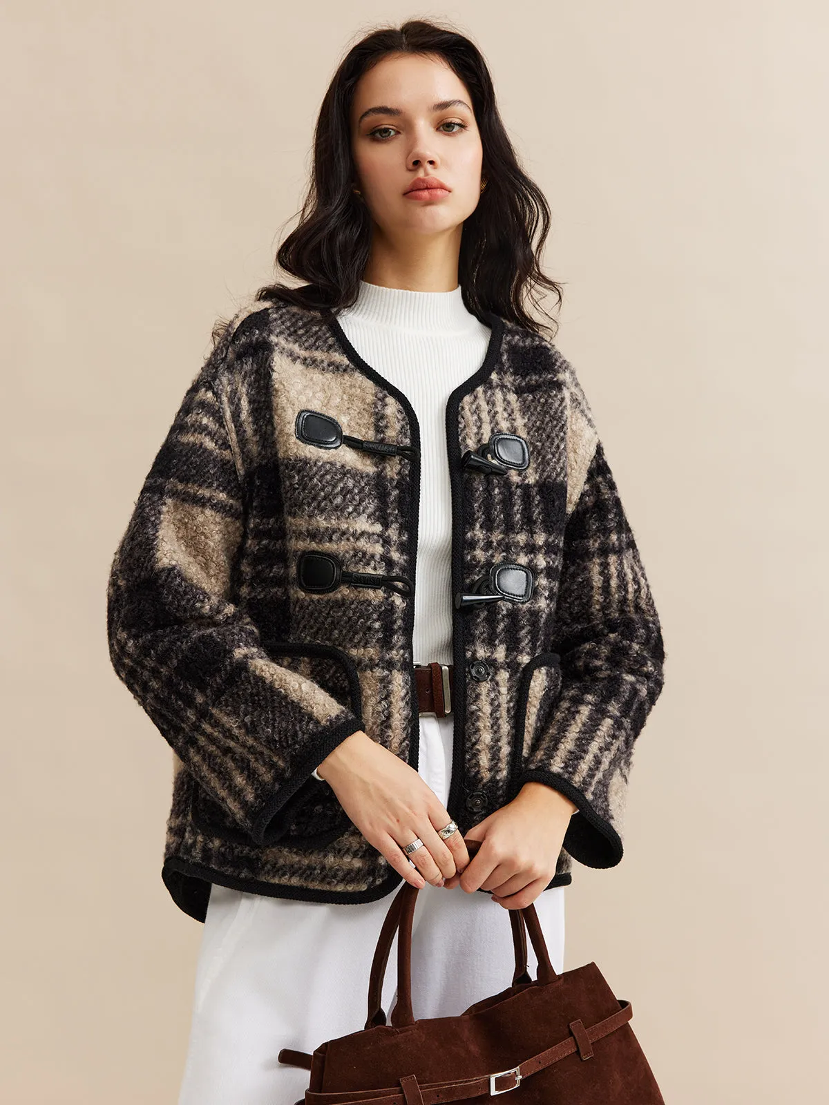 Contrast Trim Checked Tweed Coat