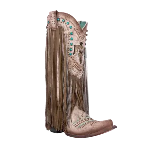 Corral Ladies Crystalized & Lamb Fringed Beige Western Boots C4088