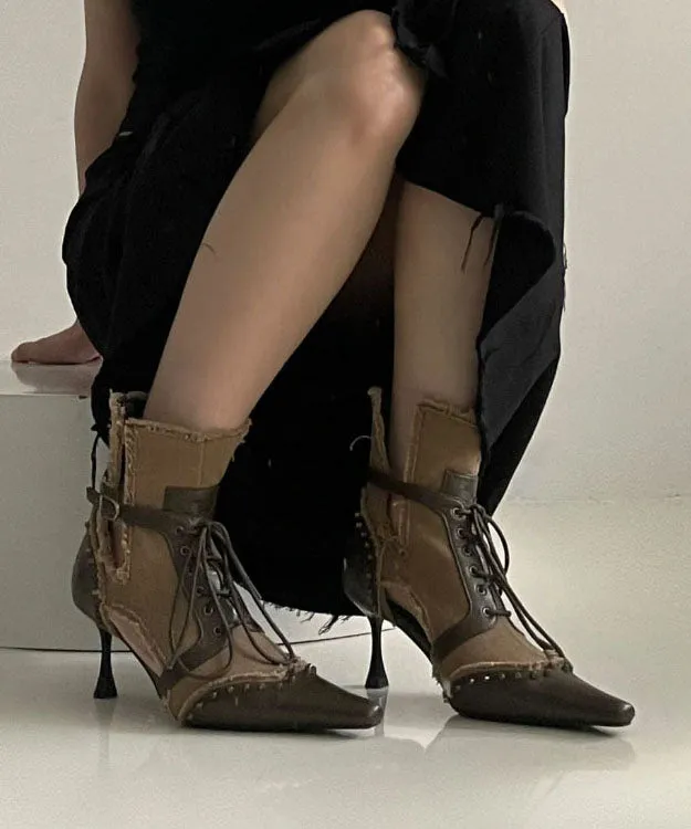 Cowhide Leather High Heel Boots in Dark Brown with Stylish Splicing and Lace-Up