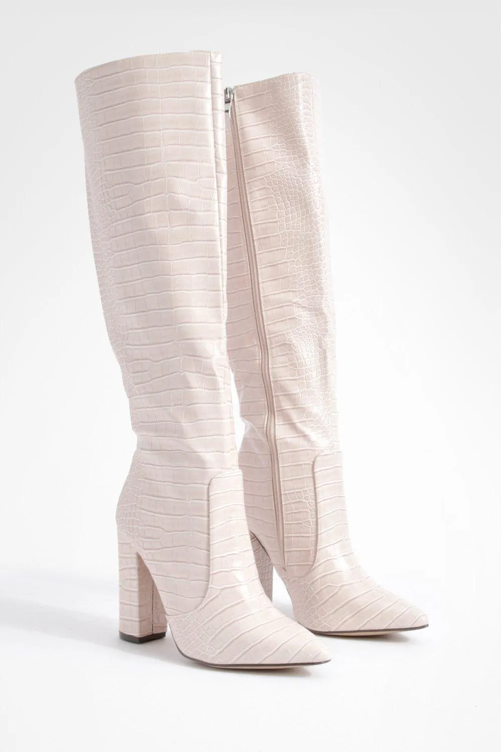 Croc Block Heel Knee High Boots