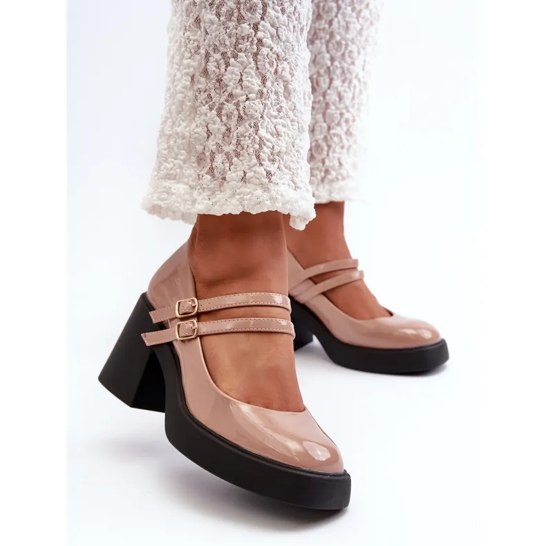 Dark beige Patent Pumps with Chunky Heels by Halmina